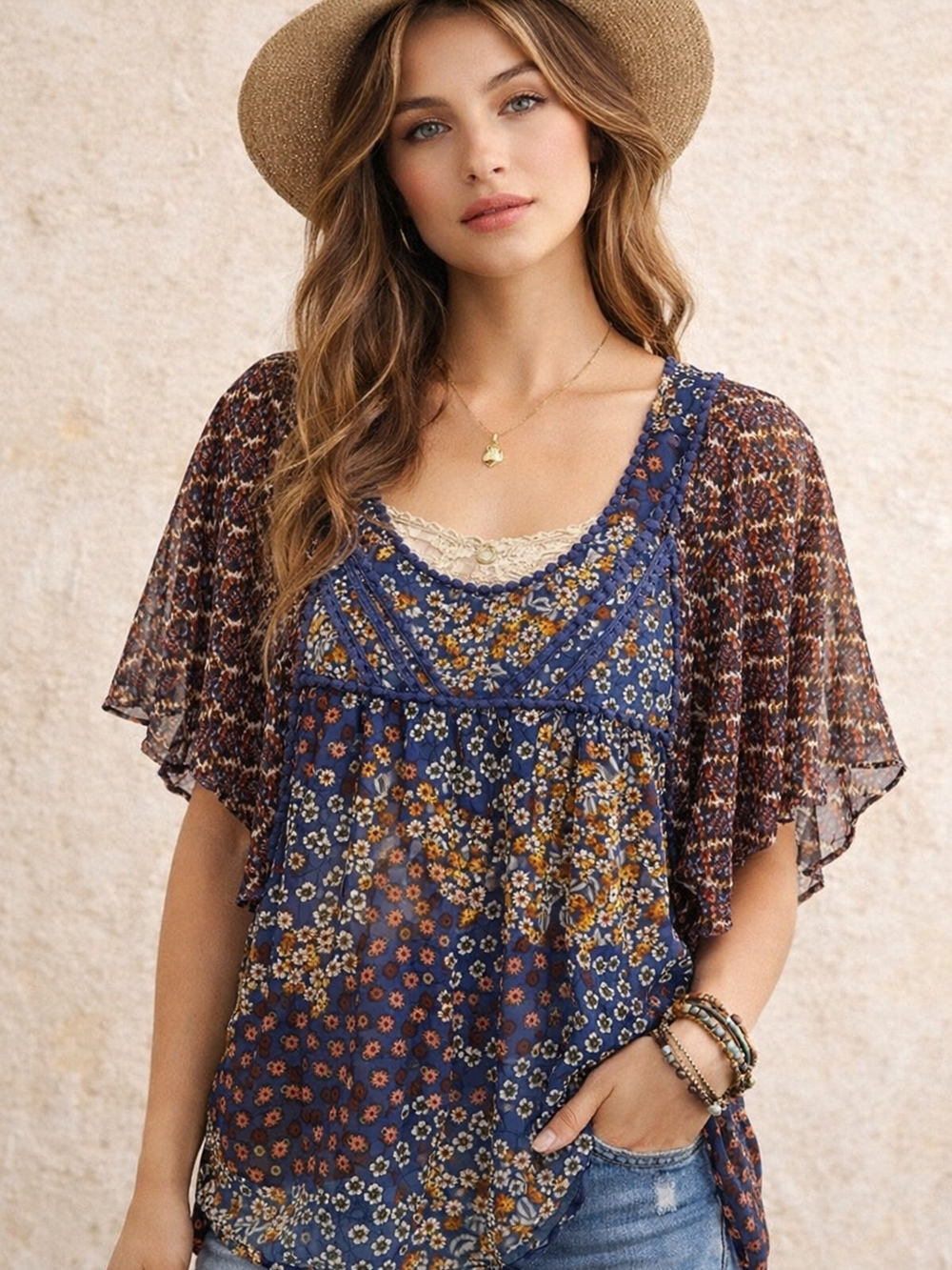 Xhilaration Navy Floral Lace-Trim Flutter Sleeve Boho Blouse